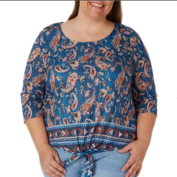 ONE WORLD 3/4 SLEEVES TIE KNOT PAISLEY TOP BLUE COLOR SIZE 1X - Picture 2 of 12